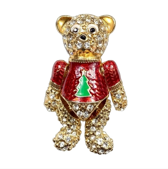 CHRISTMAS PIN BROOCH TEDDY BEAR HAPPY HOLIDAYS Red Green Enamel Crystals Gold 🧸 - Picture 9 of 11